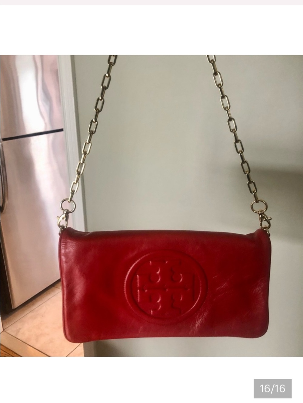Tory Burch Bag Purse  Bombe Reva Tory Red Leather Clutch & Shoulder Bag Red - Picture 12 of 12